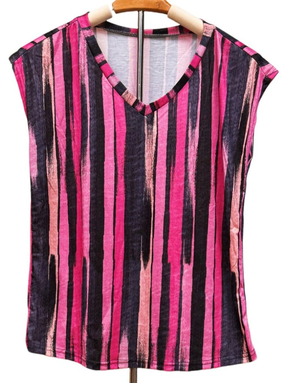 Pink Purple Sleeveless Striped Top Summer Blouse V-neck Lightweight Breathable